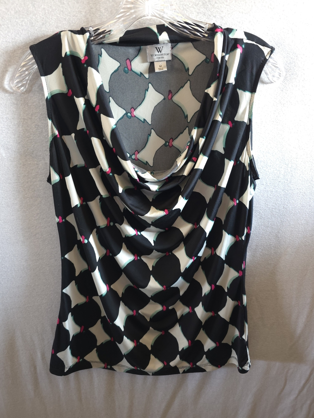 Worthington Black Cream Geometric Cowl Neck Camisole with Pink Accents